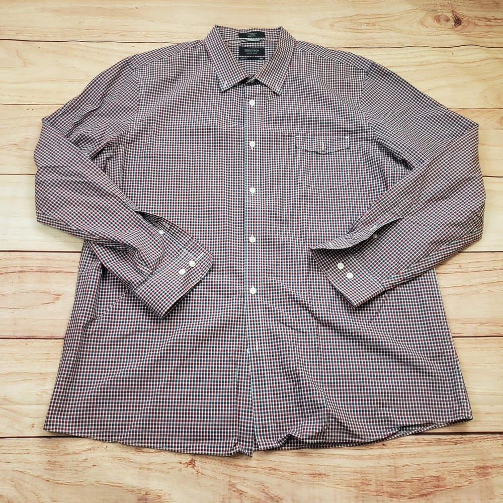 Nordstrom Shirt‎ Mens 2XL XXL Red Trim Fit Checkered Button Down Casual Adult
